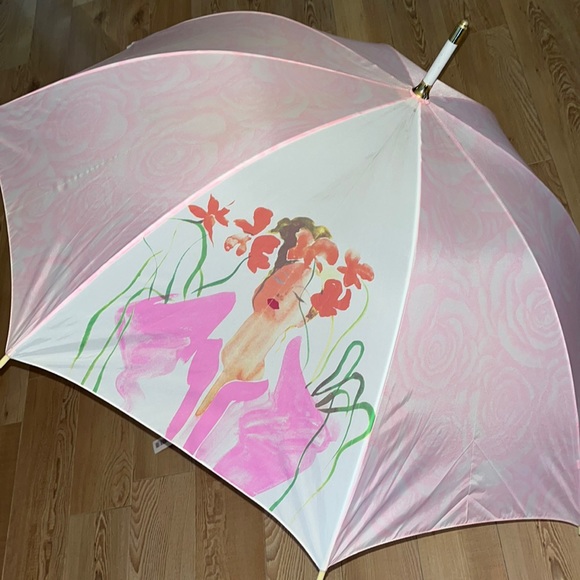 Vintage Large Estee Lauder Umbrella HAS TAGS Pastel Rose Print Hook Handle Rare - Picture 1 of 8
